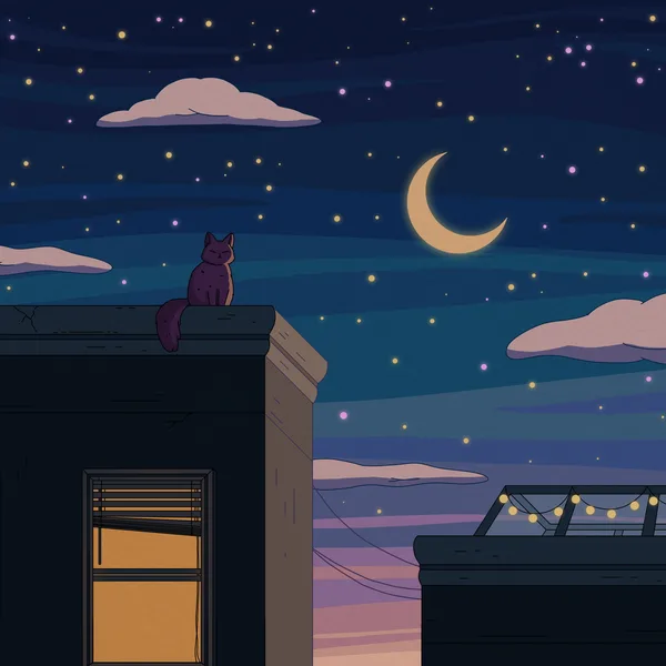 A cat silhouette on a rooftop under a crescent moon, string lights on the next roof and a lit window with blinds, deep blue sky with pink clouds