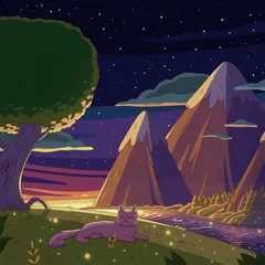 A purple cat lying in a meadow at dusk with fireflies, triangular mountains and a river under a purple sky