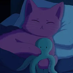 A purple cat asleep in bed under a blue blanket, hugging a smiling teal octopus plush