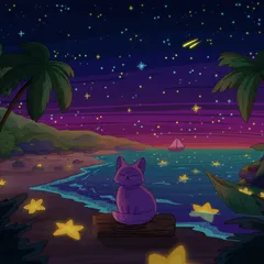 A purple cat on a driftwood log on a tropical beach at night, glowing starfish on the sand, palm fronds and a distant sailboat under a magenta sky