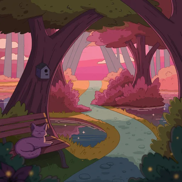 A purple cat resting on a park bench under big trees by a winding path, a birdhouse and fireflies in peach sunset light