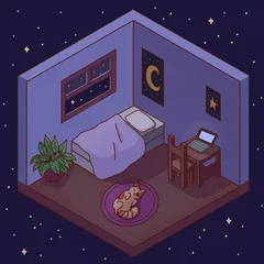 An isometric cozy bedroom floating in a starry sky: bed, desk with a laptop, moon and star posters, and a cat asleep on a round rug
